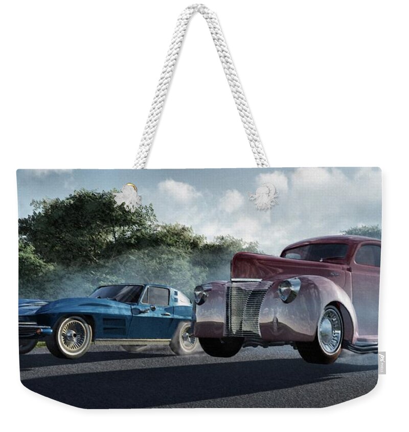 Racing Weekender Tote Bag featuring the digital art Rivals by Richard Rizzo