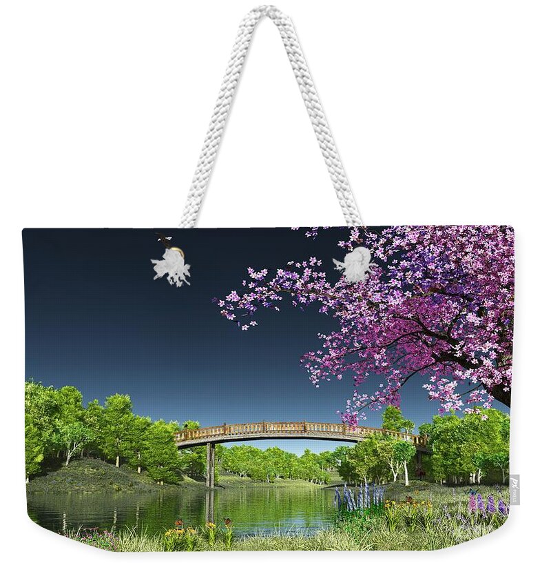 Cherry Tree Weekender Tote Bag featuring the digital art River Bridge Cherry Tree Blosson by Walter Colvin