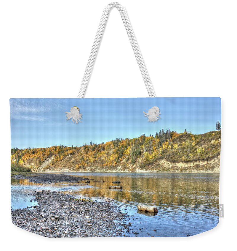 River Weekender Tote Bag featuring the photograph River in the Fall by Jim Sauchyn