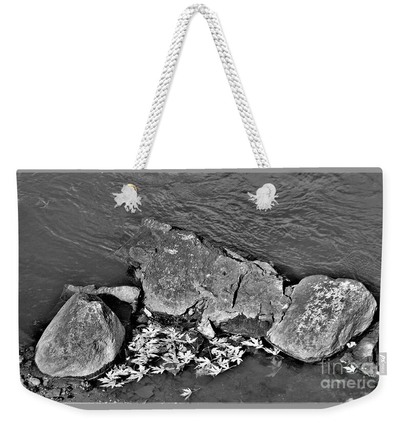 Landscape Weekender Tote Bag featuring the photograph River Rock Autumn       Black and White       Indiana by Rory Cubel