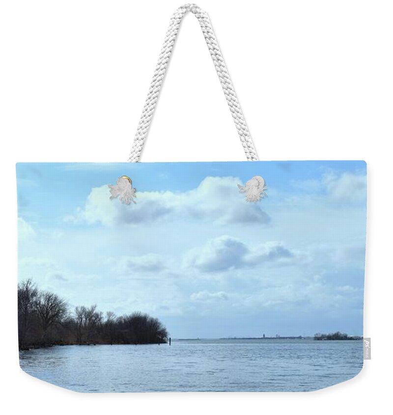 Barrieloustark Weekender Tote Bag featuring the photograph Delaware River Shoreline by Barrie Stark