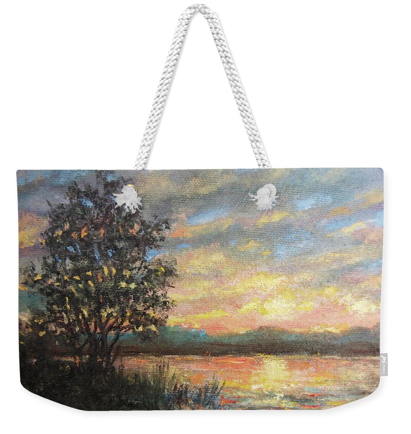Sunset Weekender Tote Bag featuring the painting River Sundown by Kathleen McDermott