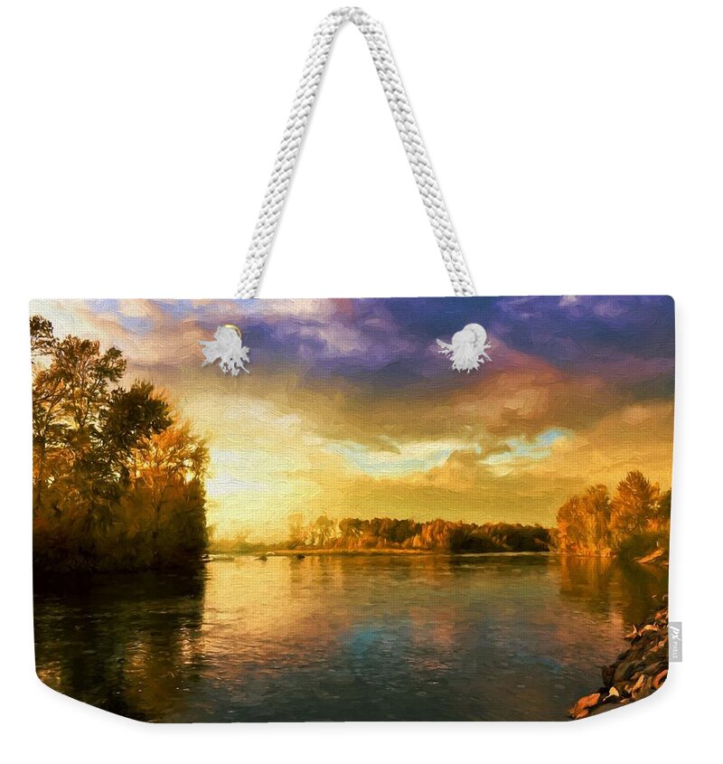 Landscape Weekender Tote Bag featuring the digital art River Sunset by Charmaine Zoe