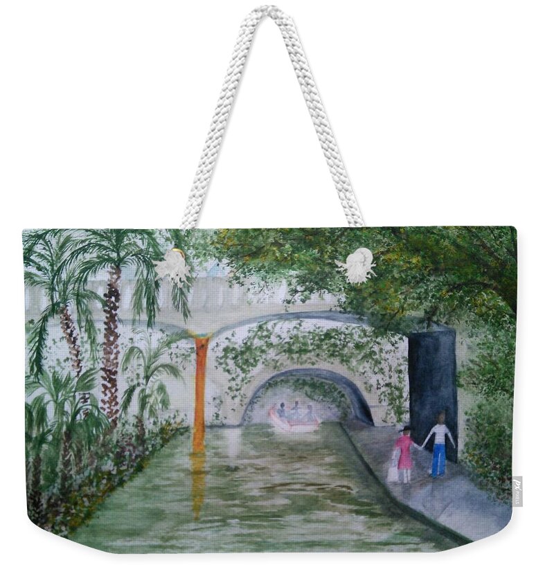 River Walk Weekender Tote Bag featuring the painting River walk, beyond umbrellas by Susan Nielsen