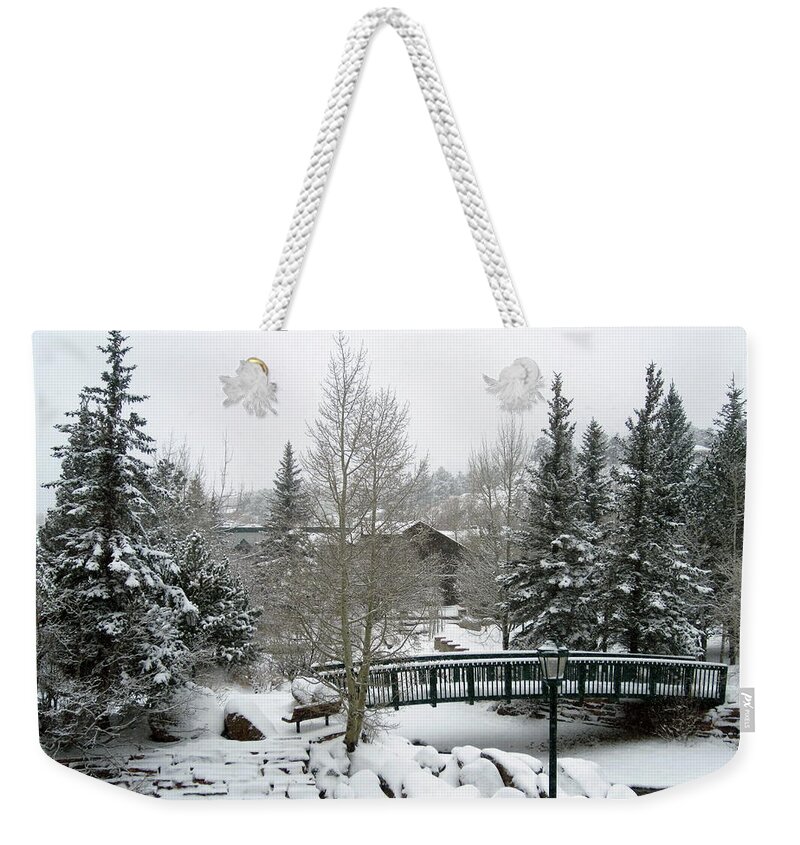 Snow Weekender Tote Bag featuring the photograph Riverside Bridge February Snow by Laura Davis
