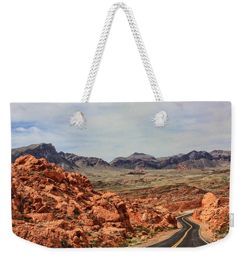 Desert Weekender Tote Bag featuring the photograph Road to fire by Tammy Espino