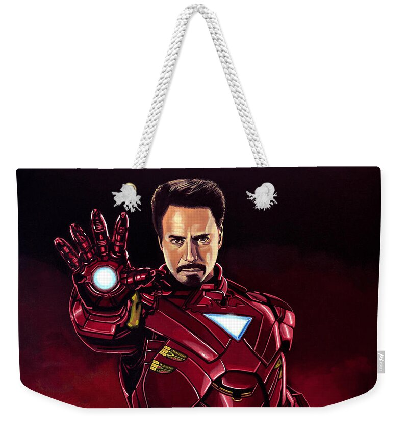 Iron Man Weekender Tote Bag featuring the painting Robert Downey Jr. as Iron Man by Paul Meijering