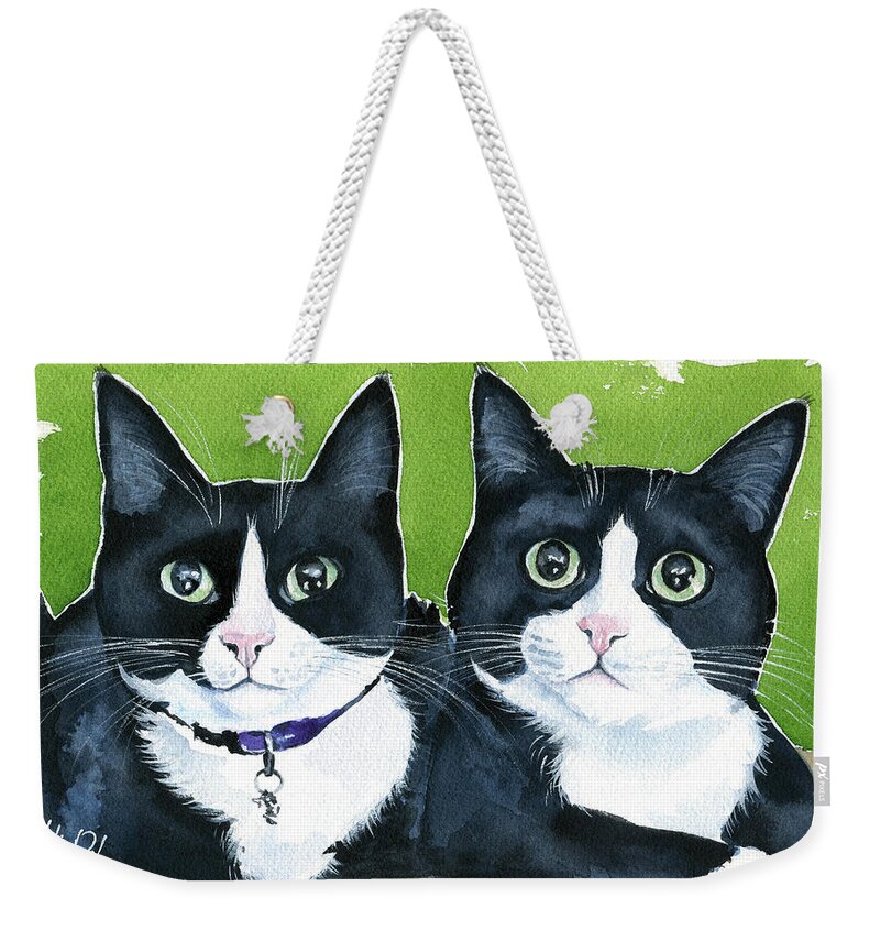 Cat Weekender Tote Bag featuring the painting Robin and BatCat - Twin Tuxedo Cat Painting by Dora Hathazi Mendes