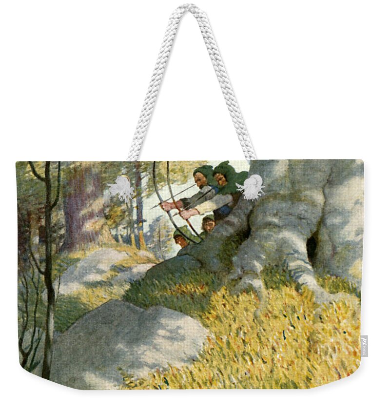 Robin Hood Weekender Tote Bag featuring the painting Robin Hood and his companions rescue Will Stutely by Newell Convers Wyeth
