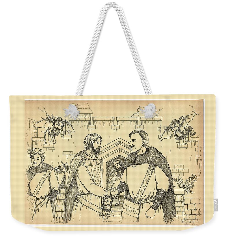 Robin Hood Weekender Tote Bag featuring the drawing Robin Hood and the Captain of the Guard by Reynold Jay