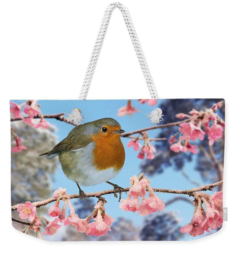 European Robin Weekender Tote Bag featuring the photograph Robin on winter flowering plum by Warren Photographic