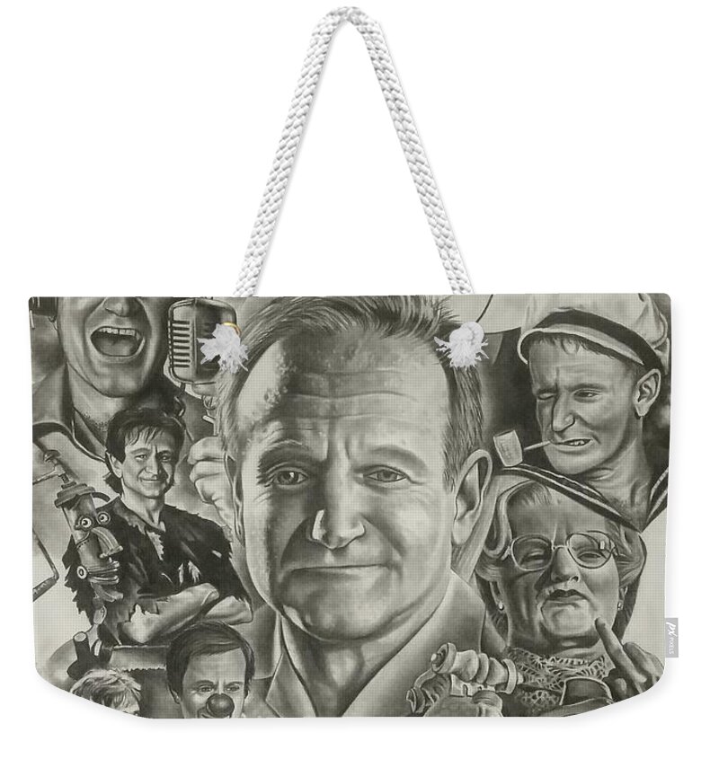Robin Williams Weekender Tote Bag featuring the drawing Robin Williams by James Rodgers