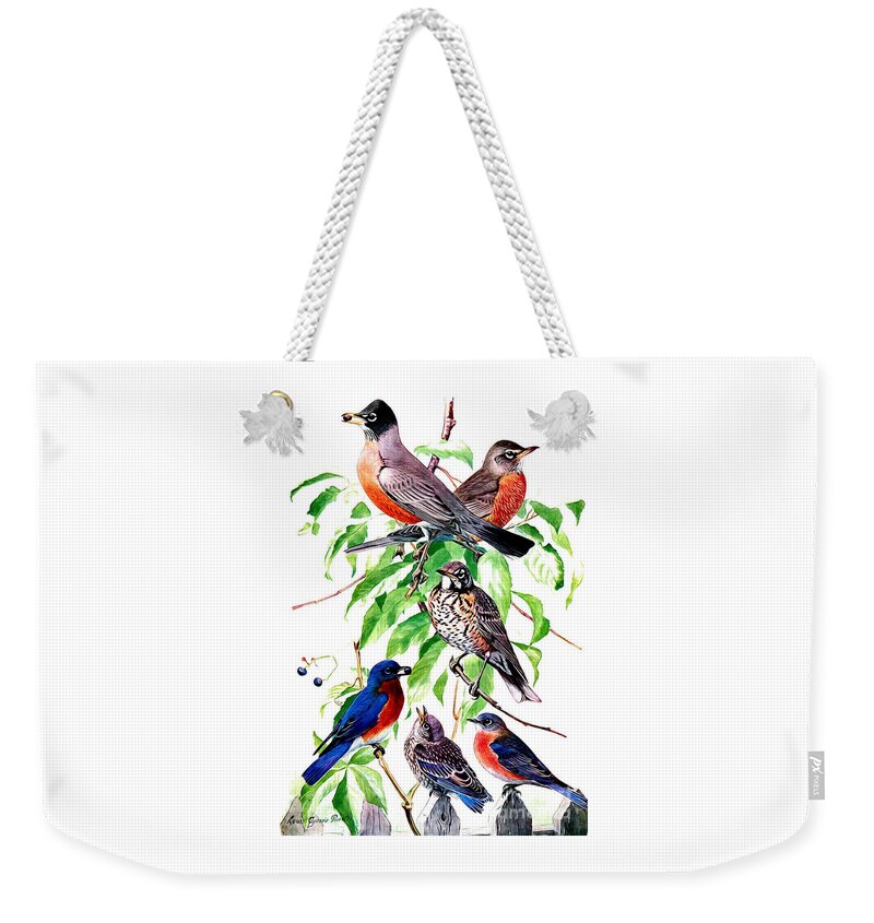 Robins And Bluebirds Weekender Tote Bag featuring the mixed media Robins and Bluebirds by Rose Santuci-Sofranko