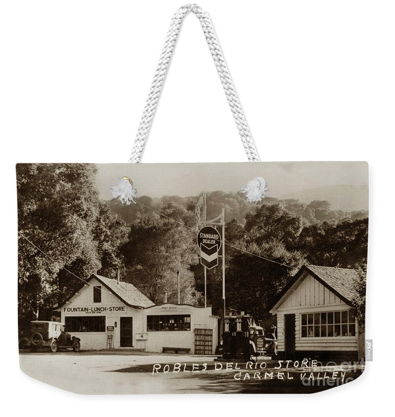 Rosie's Cracker Weekender Tote Bag featuring the photograph Robles Del Rio store, Rosie's Cracker Barrel store, Carmel Valley 1933 by Monterey County Historical Society