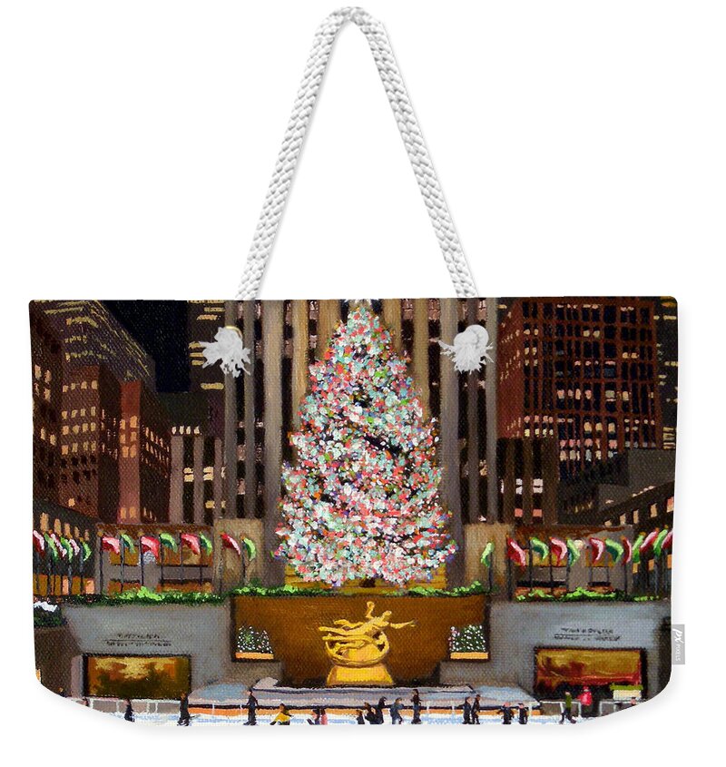 Christine Hopkins Weekender Tote Bag featuring the painting Rockefeller Center - New York City by Christine Hopkins