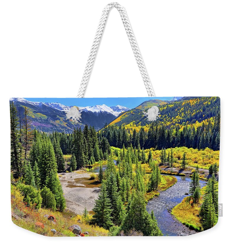 Colorado Weekender Tote Bag featuring the photograph Rockies and Aspens - Colorful Colorado - Telluride by Jason Politte