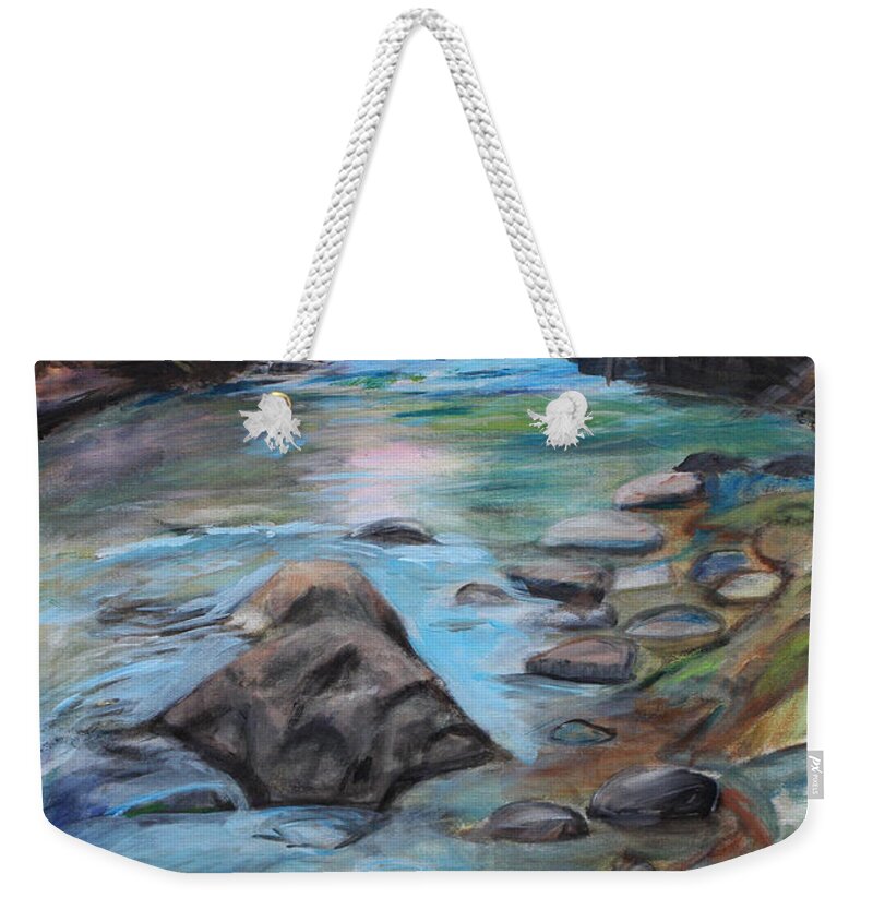 Rocks Weekender Tote Bag featuring the painting River Bed by Denice Palanuk Wilson