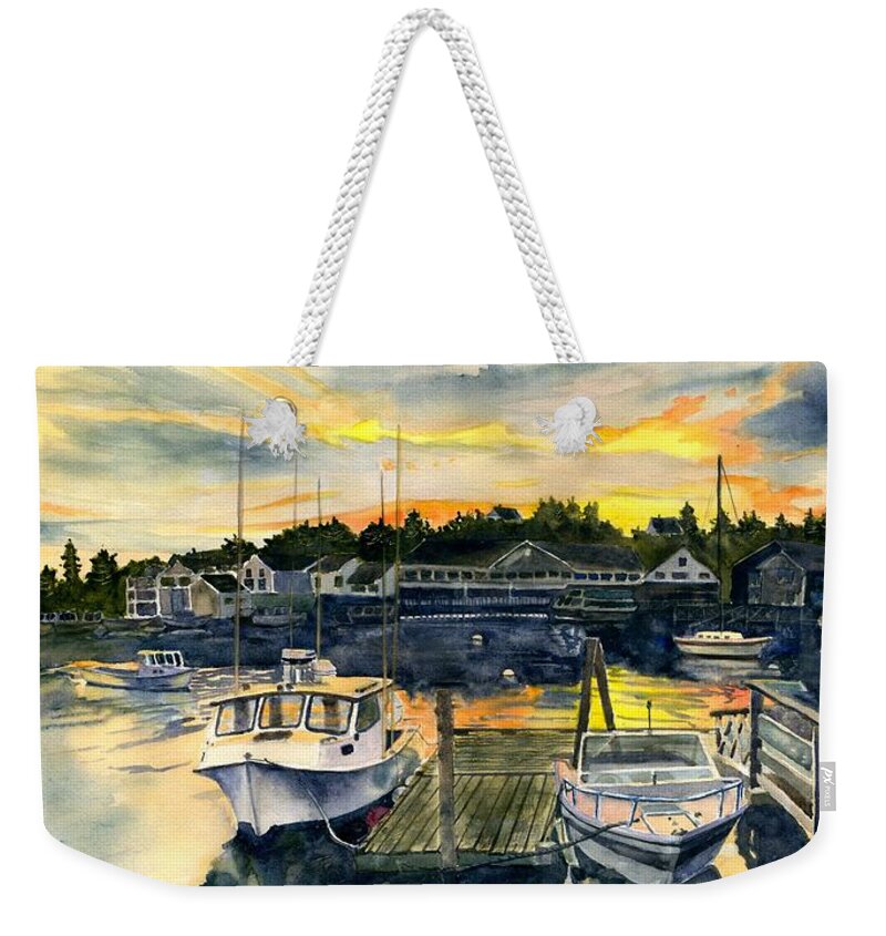 Boats Weekender Tote Bag featuring the painting Rocktide Sunset by Melly Terpening