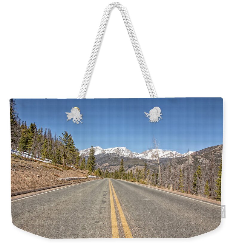 Mountains Weekender Tote Bag featuring the photograph Rocky Mountain Road Heading towards Estes Park, Co by Peter Ciro