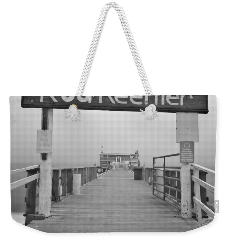Rod And Reel Pier Weekender Tote Bag featuring the photograph Rod And Reel Pier in Fog in Infrared 53 by Rolf Bertram