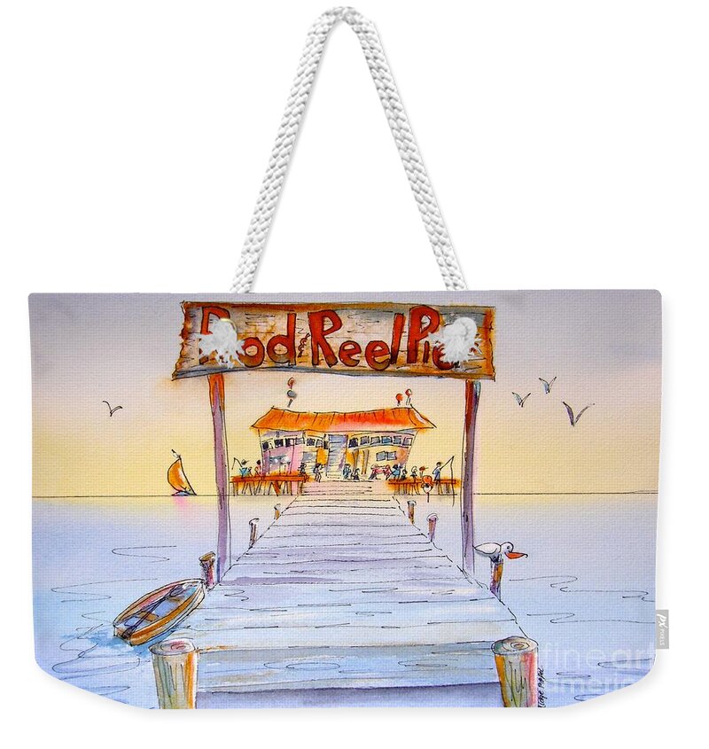 Calendar Weekender Tote Bag featuring the painting Rod And Reel Pier by Midge Pippel