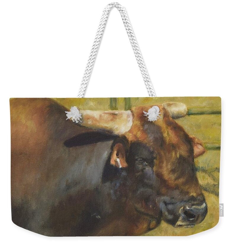 Stock Weekender Tote Bag featuring the painting Rodeo Bull 1 by Lori Brackett