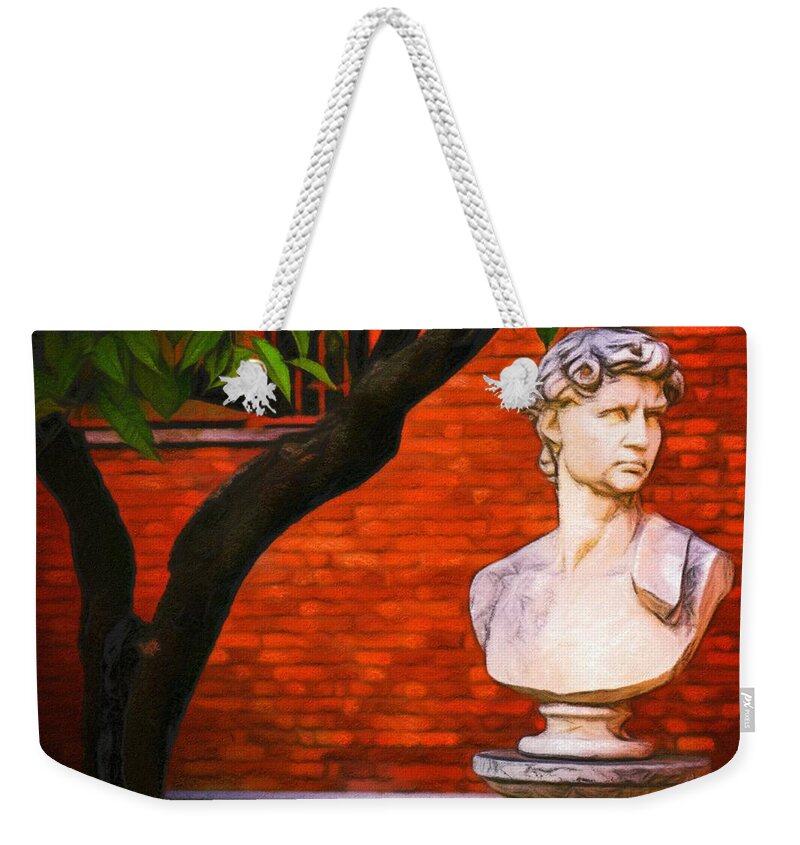 Pastel Weekender Tote Bag featuring the digital art Roman bust, Loyola University Chicago by Vincent Monozlay