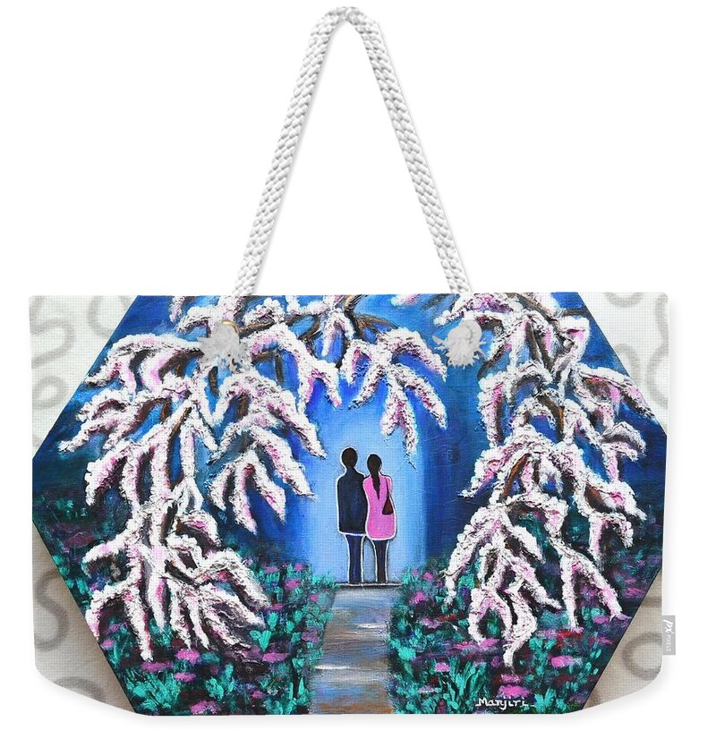 Love Weekender Tote Bag featuring the painting Romance under Cherry Blossom textured hexagonal painting by Manjiri Kanvinde