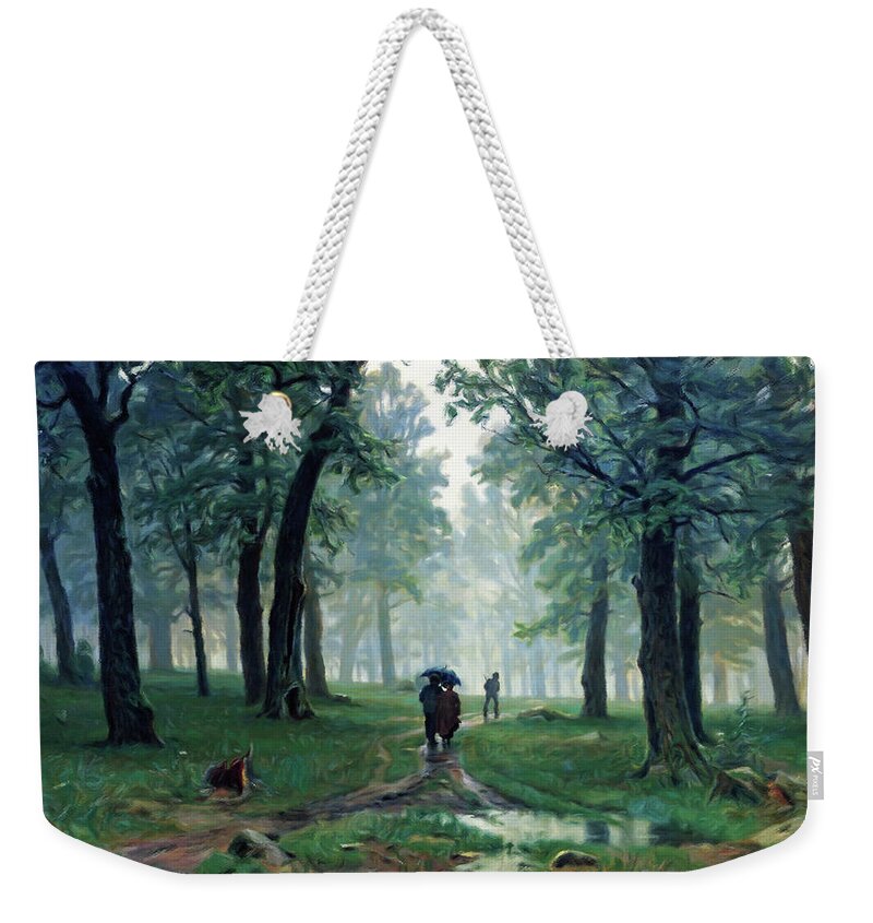 Romantic Forest Walk In The Rain Weekender Tote Bag featuring the painting Romantic Forest Walk In The Rain by Georgiana Romanovna