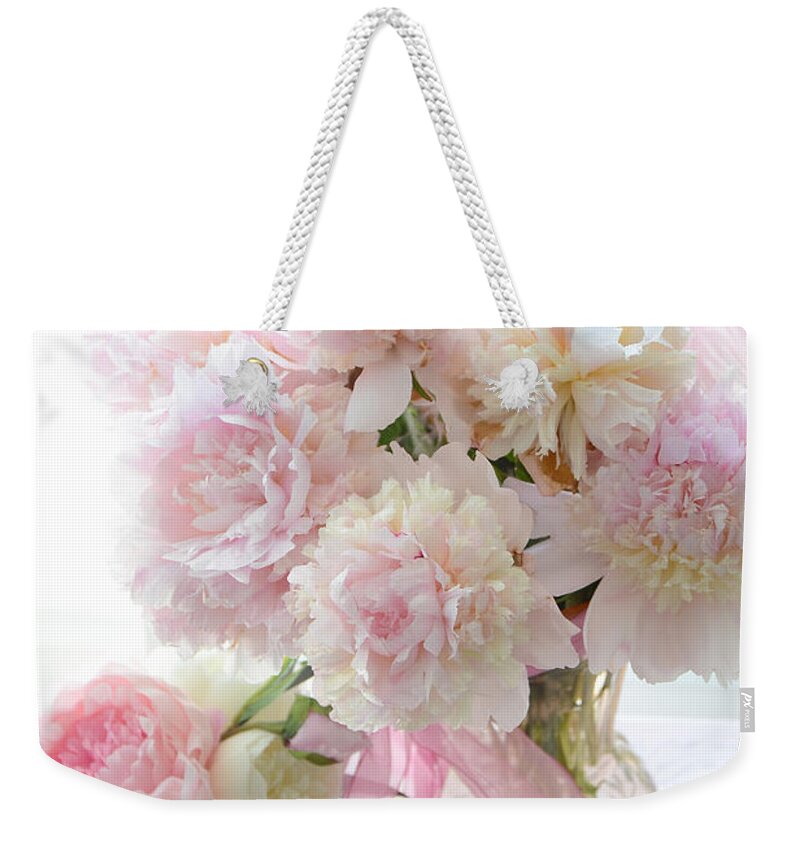 Shabby Chic Weekender Tote Bag featuring the photograph Shabby Chic Pink White Peonies - Shabby Chic Peonies Pastel Pink Dreamy Floral Wall Print Home Decor by Kathy Fornal