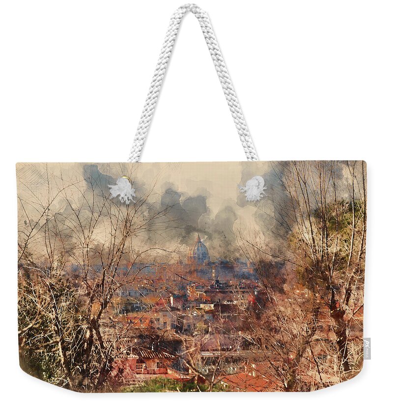 Rome Cityscape Weekender Tote Bag featuring the painting Rome, cityscape from Belvedere del Pincio - 02 by AM FineArtPrints