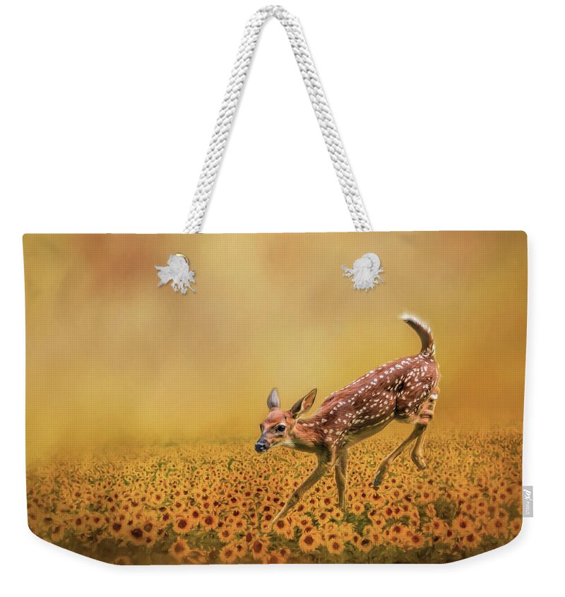 Jai Johnson Weekender Tote Bag featuring the photograph Romping In The Sunflower Field - Fawn Art by Jai Johnson by Jai Johnson