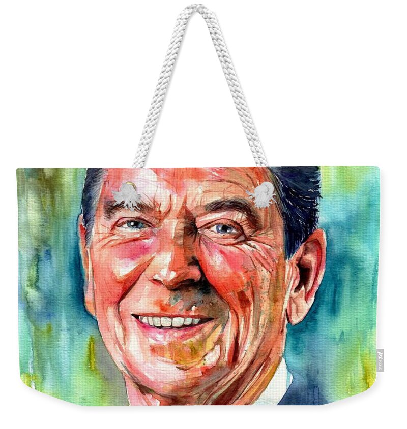 Ronald Weekender Tote Bag featuring the painting Ronald Reagan watercolor by Suzann Sines