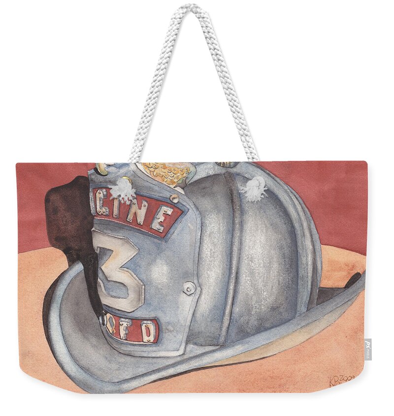 Fire Weekender Tote Bag featuring the painting Rondo's Fire Helmet by Ken Powers