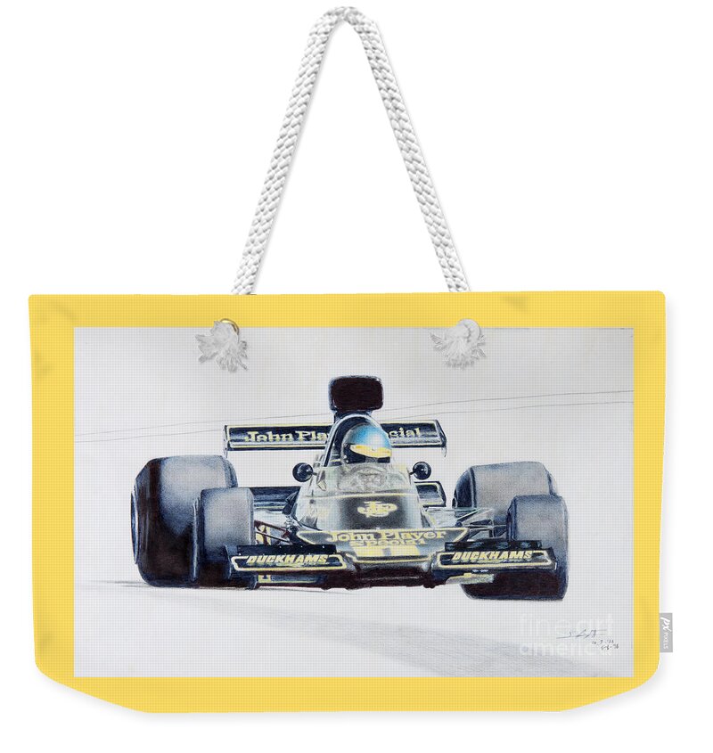 Formula 1 Weekender Tote Bag featuring the drawing Ronnie Peterson - Lotus 76 by Lorenzo Benetton