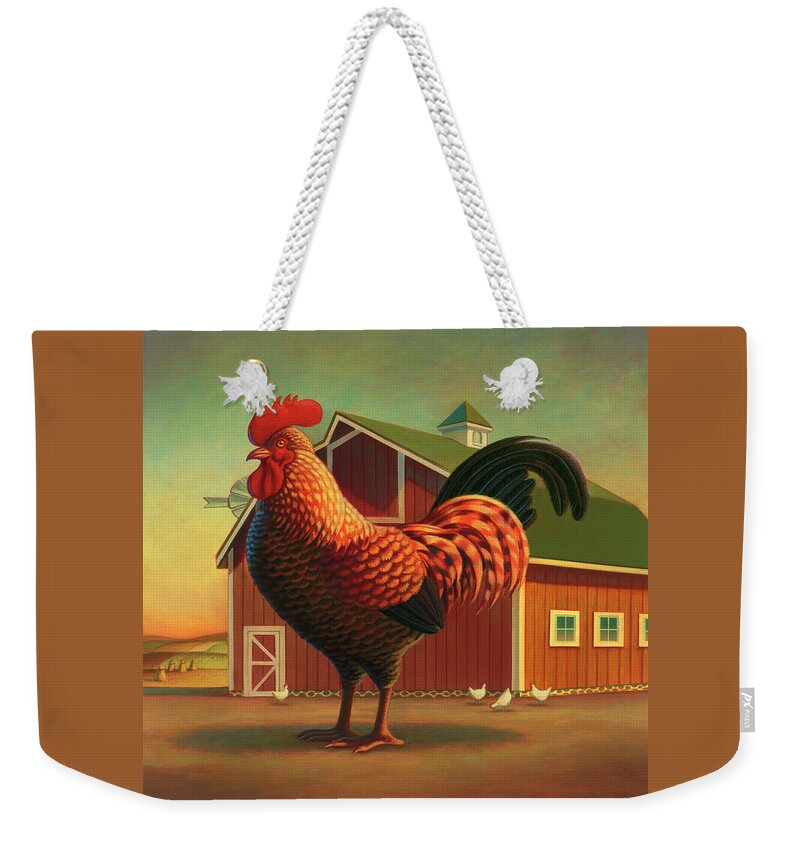 Rooster Weekender Tote Bag featuring the painting Rooster and the Barn by Robin Moline