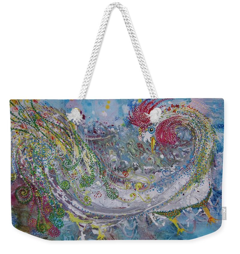 Rooster Weekender Tote Bag featuring the painting Rooster with the peacock tail. by Sima Amid Wewetzer