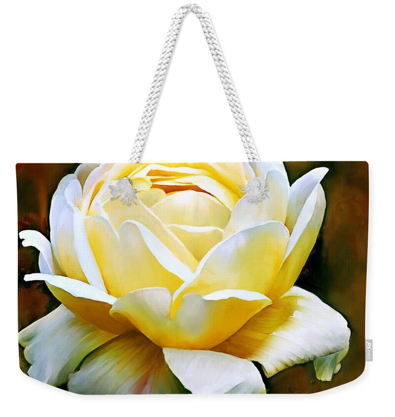 Rose Weekender Tote Bag featuring the painting Rose White_GreenGold by Jackie Medow-Jacobson