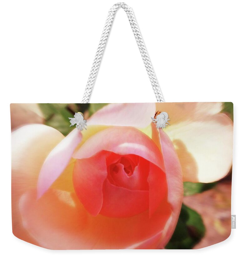 Rose Weekender Tote Bag featuring the digital art Rose with Tiny Visitor by Elizabeth McTaggart