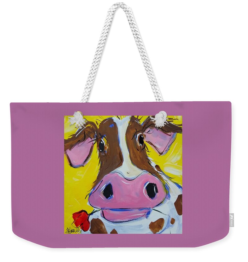 Cow Weekender Tote Bag featuring the painting Rosebud by Terri Einer
