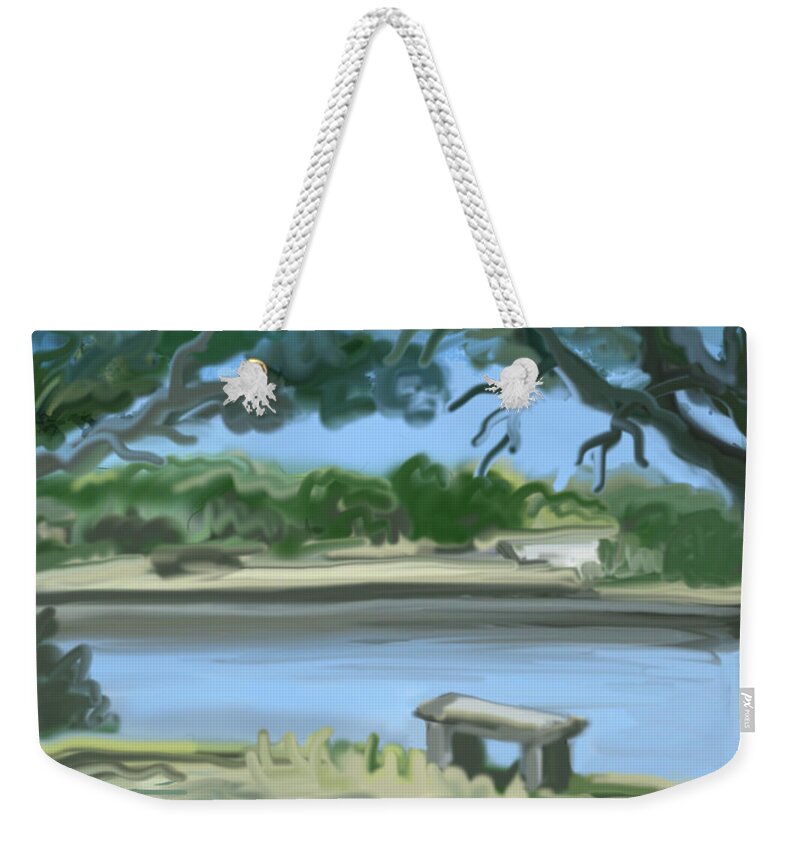 Rosemary Lake Weekender Tote Bag featuring the painting Rosemary Lake by Jean Pacheco Ravinski