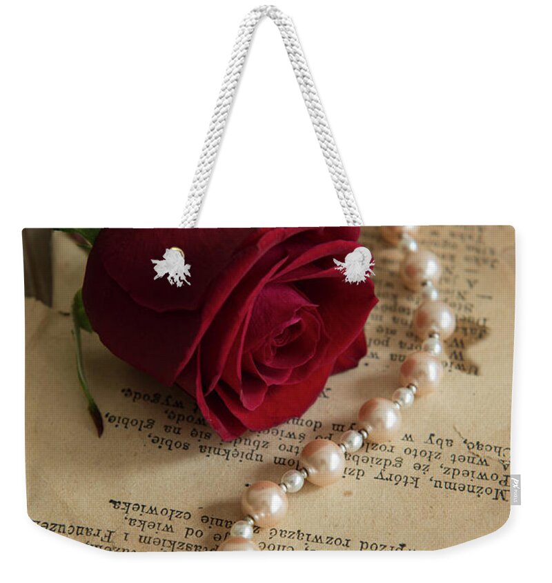 Rose Weekender Tote Bag featuring the photograph Roses and pearls by Jaroslaw Blaminsky