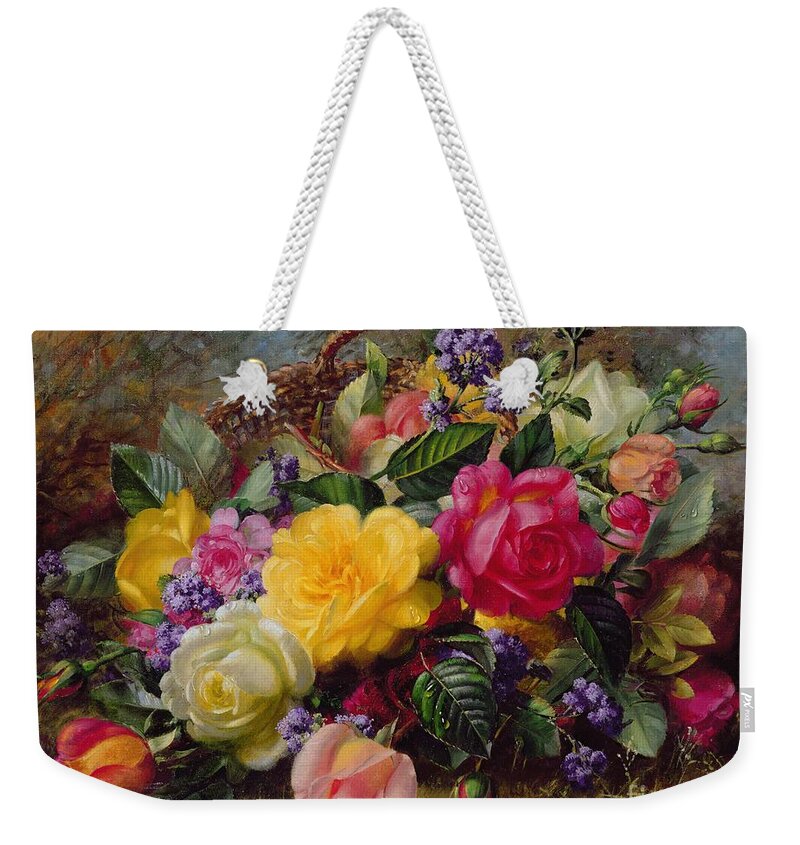 Rose; Flower; Reflection; Flowers; Pink; Yellow; White; Roses; Basket; Water; Grass; Grassy; Grassy Bank; Pond Weekender Tote Bag featuring the painting Roses by a Pond on a Grassy Bank by Albert Williams
