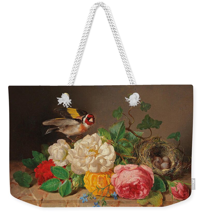 Josef Lauer Weekender Tote Bag featuring the painting Roses with Goldfinch and Bird's Nest by Josef Lauer