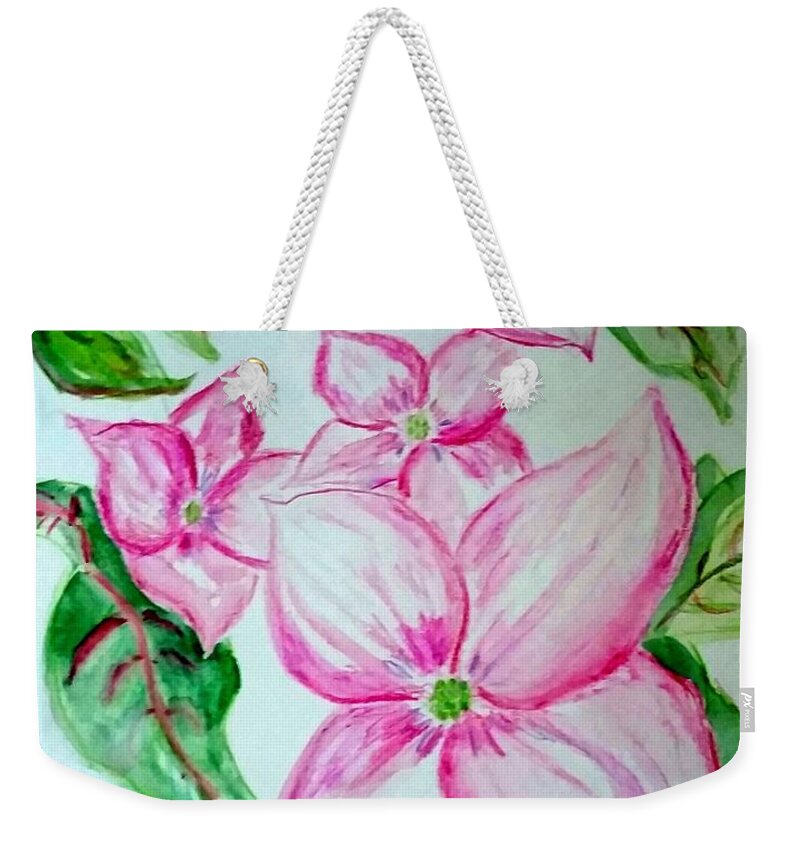 Watercolor Weekender Tote Bag featuring the painting Rosy Teacups Dogwood Painting by Stacie Siemsen
