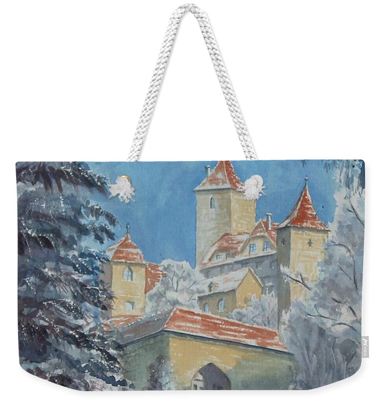 Landscape Weekender Tote Bag featuring the painting Rothenburg Winter by Petra Burgmann