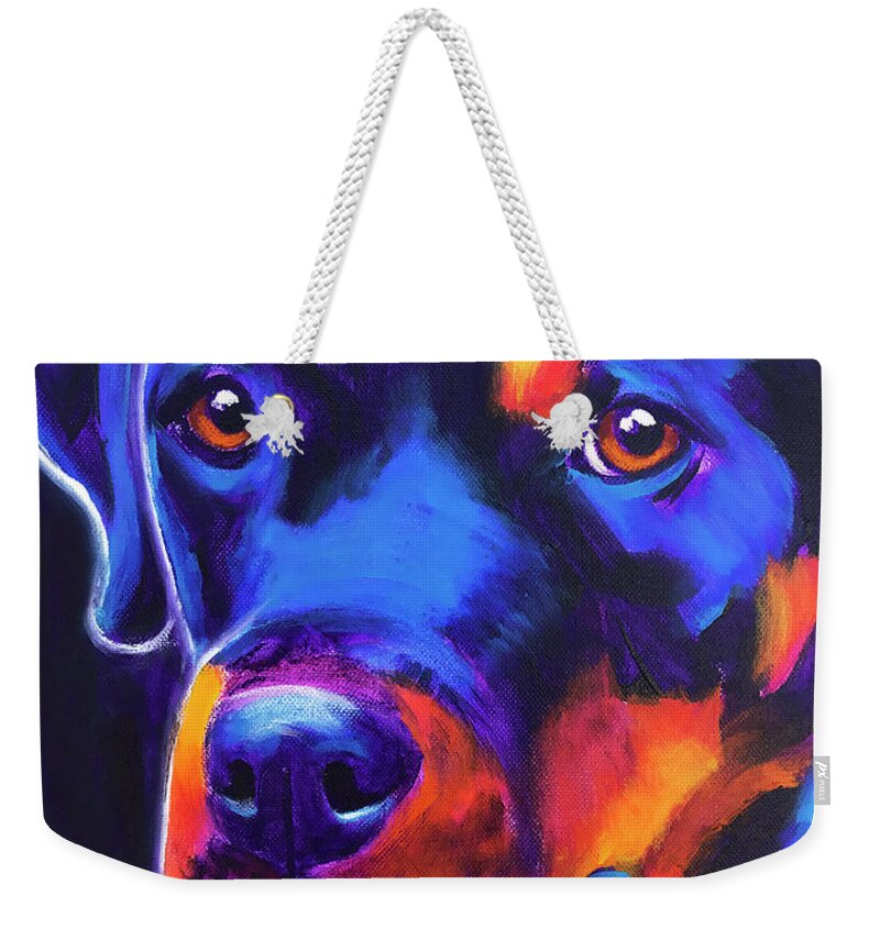 Pet Portrait Weekender Tote Bag featuring the painting Rottweiler - Dexter Serious by Dawg Painter