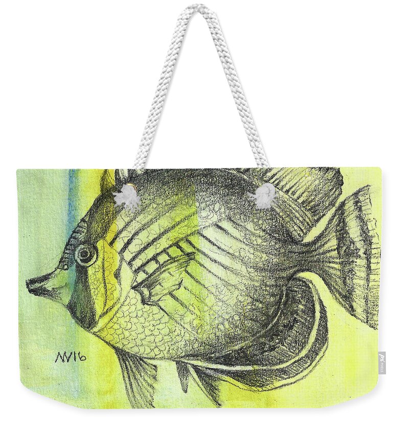 Fish Weekender Tote Bag featuring the mixed media Round Fish by AnneMarie Welsh