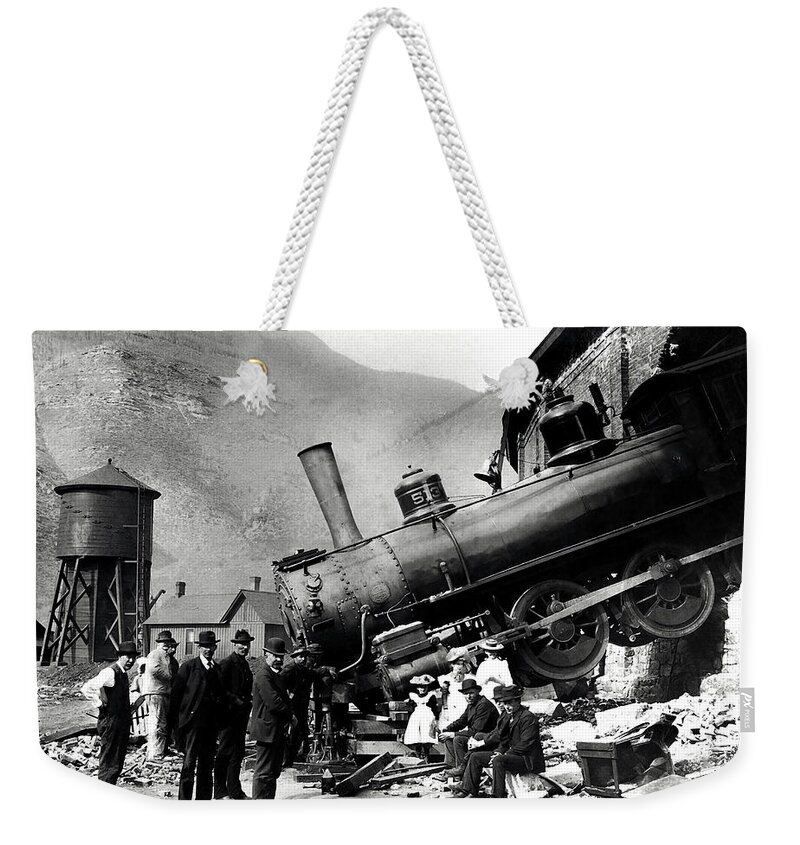 Train Wreck Weekender Tote Bag featuring the photograph Roundhouse Locomotive Crash - Minturn - 1913 by War Is Hell Store