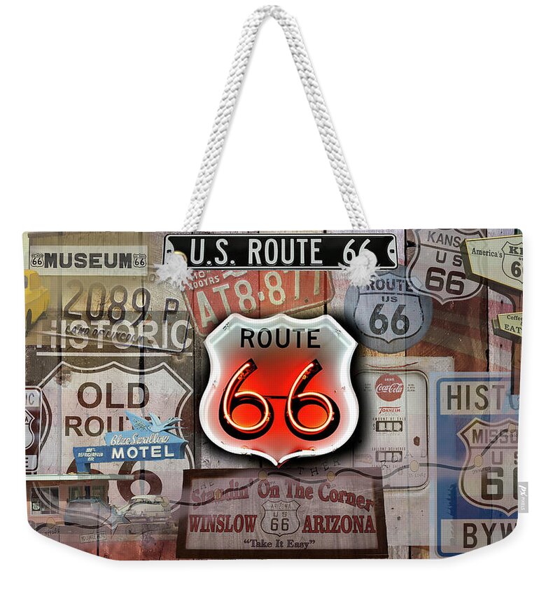 America's Mainstreet Weekender Tote Bag featuring the photograph Route 66 Americas Main Street by Jeff Folger